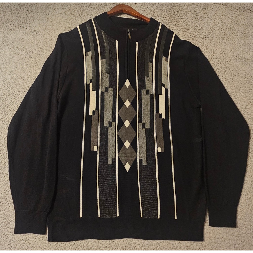 Miko Mens XL Quarter Zip Sweater Black Geometric Wool Blend Faux Leather Trim